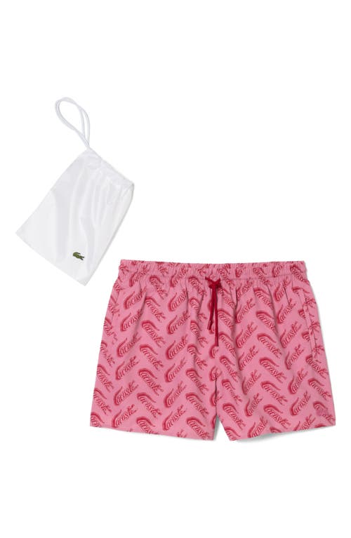 Lacoste Logo Print Cotton Swim Trunks In Ay1 Lighthouse Red/reseda