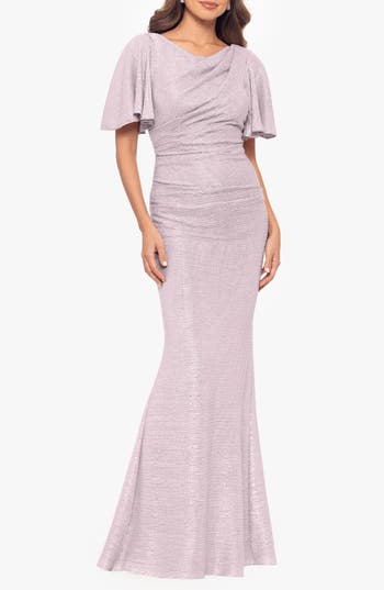 Betsy & Adam Quicksilver Flutter Sleeve Trumpet Gown In Pink