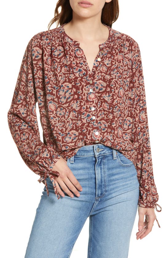 Faherty Everleigh Tie Cuff Top In Merlot Bordeaux Floral