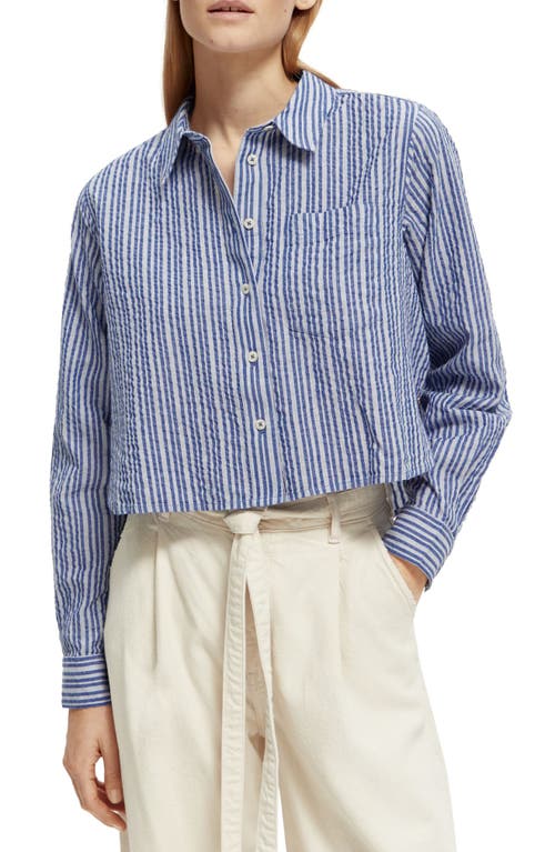 Scotch & Soda Stripe Crop Oversize Seersucker Button-Up Shirt in Blue Cotton Stripe-5479