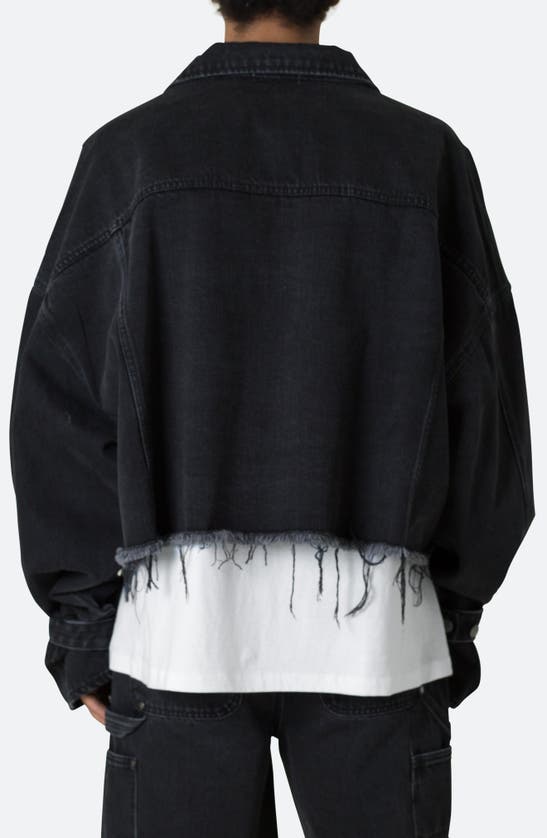 Shop Mnml Oversized Fray Hem Crop Denim Jacket In Washed Black
