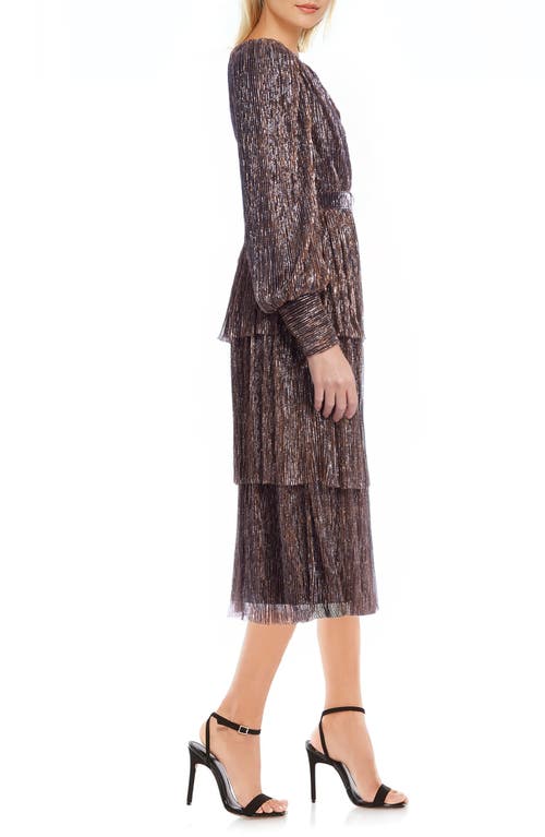 Shop Jewel Badgley Mischka Metallic Stripe Long Sleeve Tiered Cocktail Dress In Copper