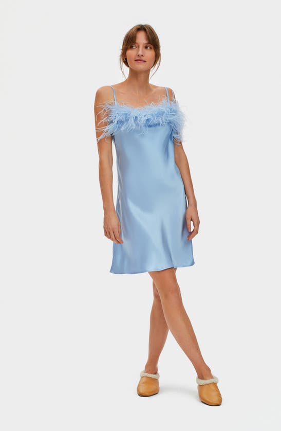 Shop Sleeper Boheme Feather Trim Satin Nightgown In Light Blue