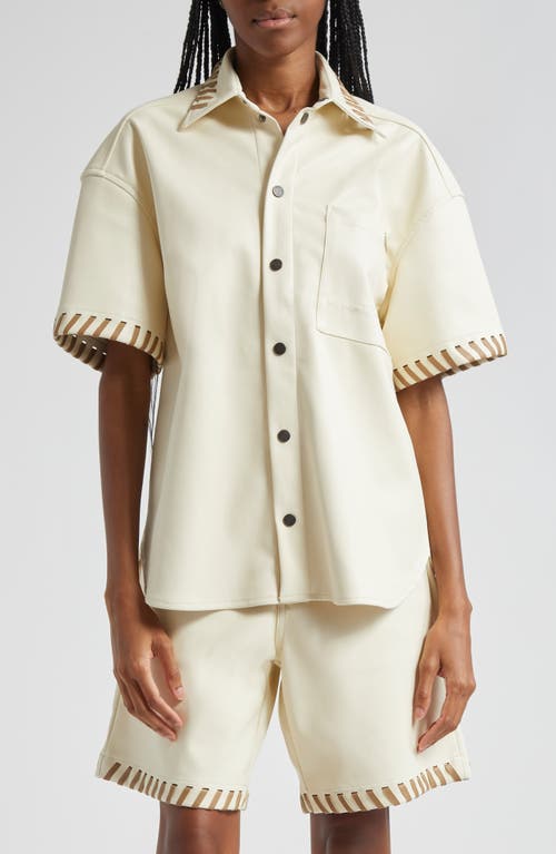 Boxy Faux Leather Snap-Up Shirt in Bone