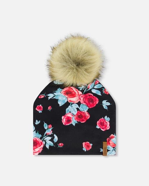 Shop Deux Par Deux Baby Girl's Mid-season Jersey Detachable Pompom Hat Black Printed Roses