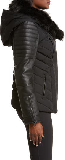 Sophia Hooded Mixed Media Faux Leather Quilted Jacket with Removable Faux Fur Trim