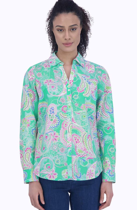 Shop Foxcroft Mary Paisley Non-iron Cotton Button-up Shirt In Green Multi