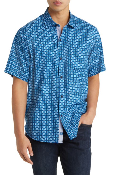 Coasta Geo Pattern Short Sleeve Silk Button-Up Shirt