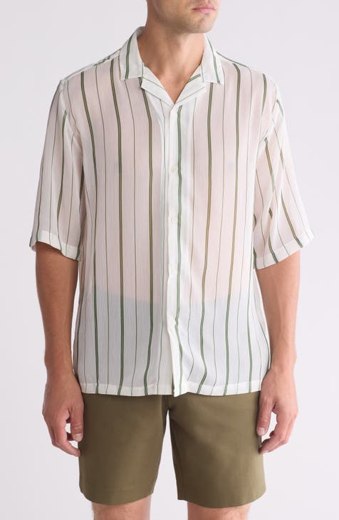 Sheer Stripe Revere Collar Button-Up Shirt