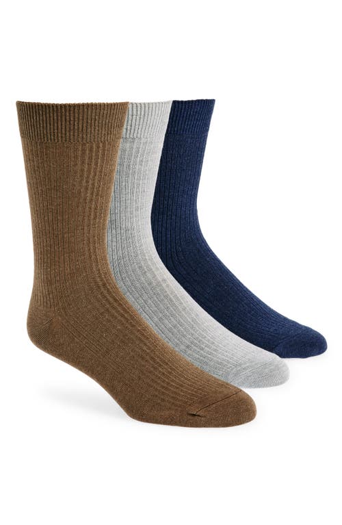 3-Pack Ribbed Crew Socks in Brown -Navy Multi