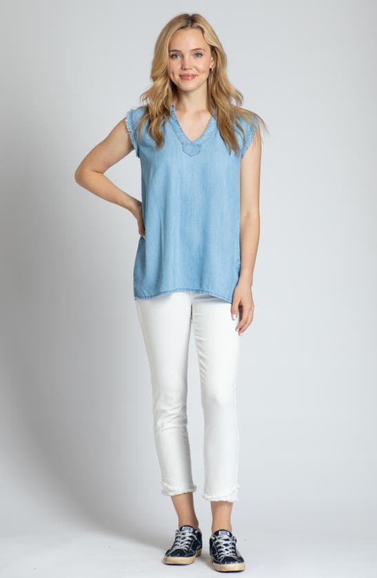 Apny Sleeveless Fringed Chambray Top In Light Indigo