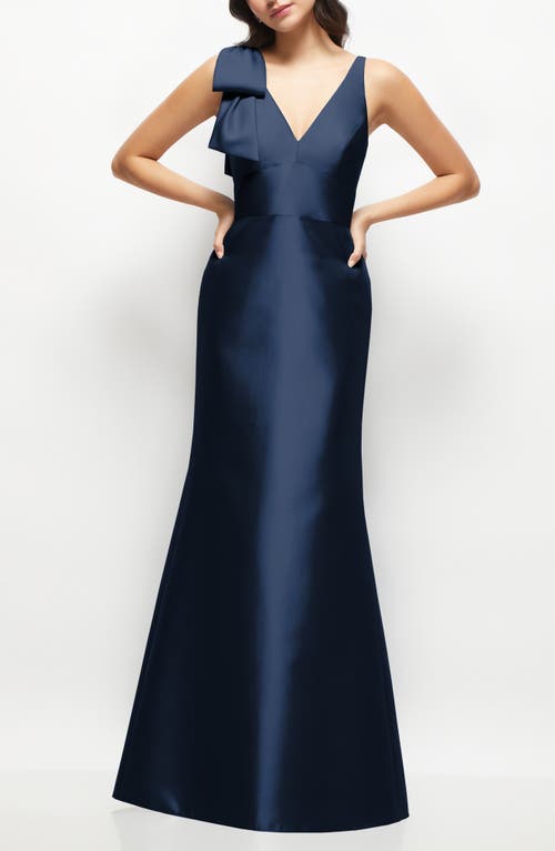 Alfred Sung Deep V-back Satin Trumpet Dress With Cascading Bow At One Shoulder In Midnight