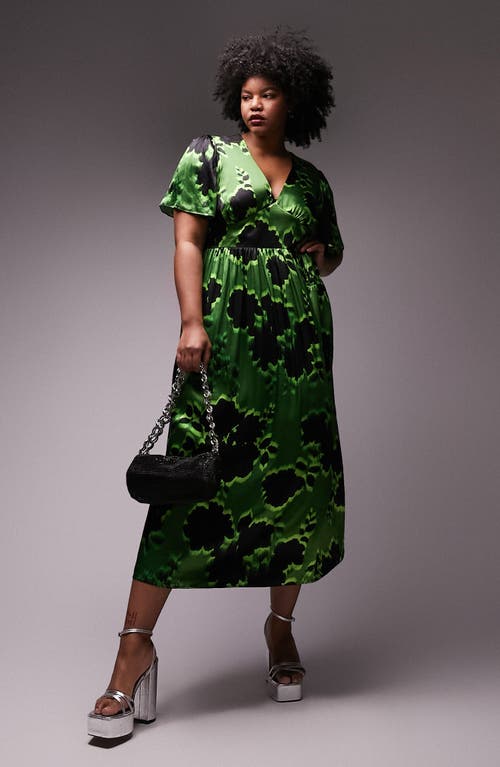 Topshop Curve Floral V-Neck Dress in Mid Green