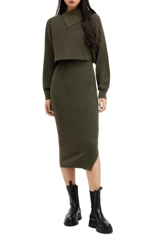 AllSaints Margetta Long Sleeve Wool Blend Sweater & Dress Set Khaki Green at Nordstrom,