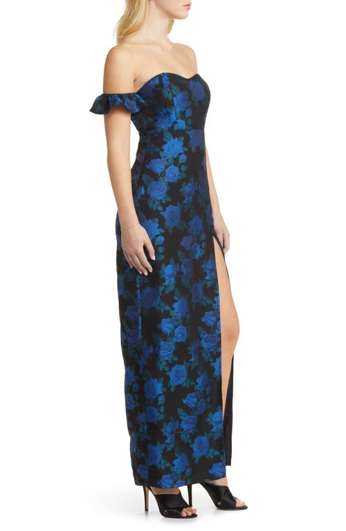 Shop Lulus Exceptional Occasion Floral Jacquard Off The Shoulder Gown In Black/blue