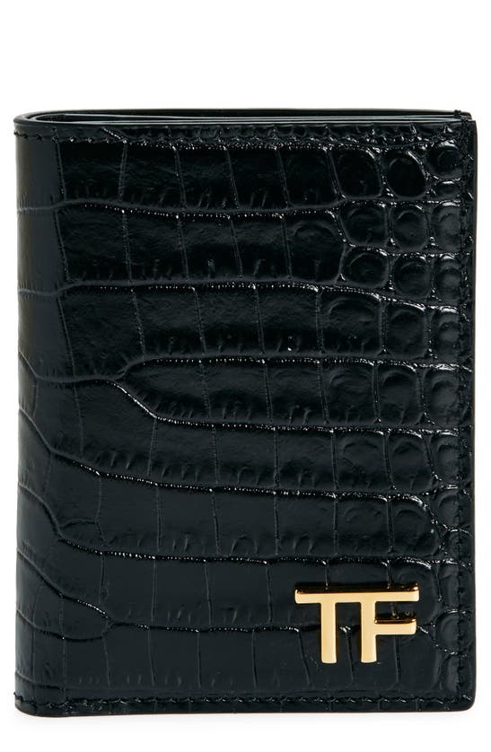 Shop Tom Ford T-line Croc Embossed Leather Bifold Card Case In Black
