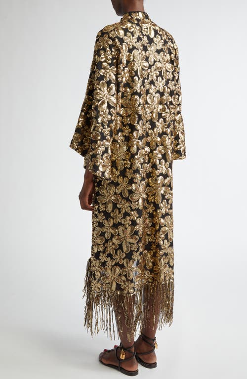 Shop La Vie Style House Sequin Flower Fringe Hem Cover-up Caftan In Black/gold