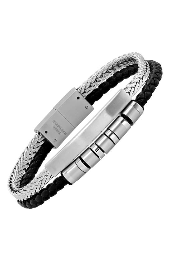 Hmy Jewelry Double Layered Leather Bracelet In Silver/ Black
