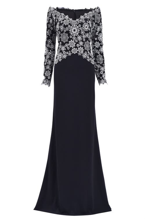 Shop Tadashi Shoji Embroidered Off The Shoulder Long Sleeve Gown In Ivory/black