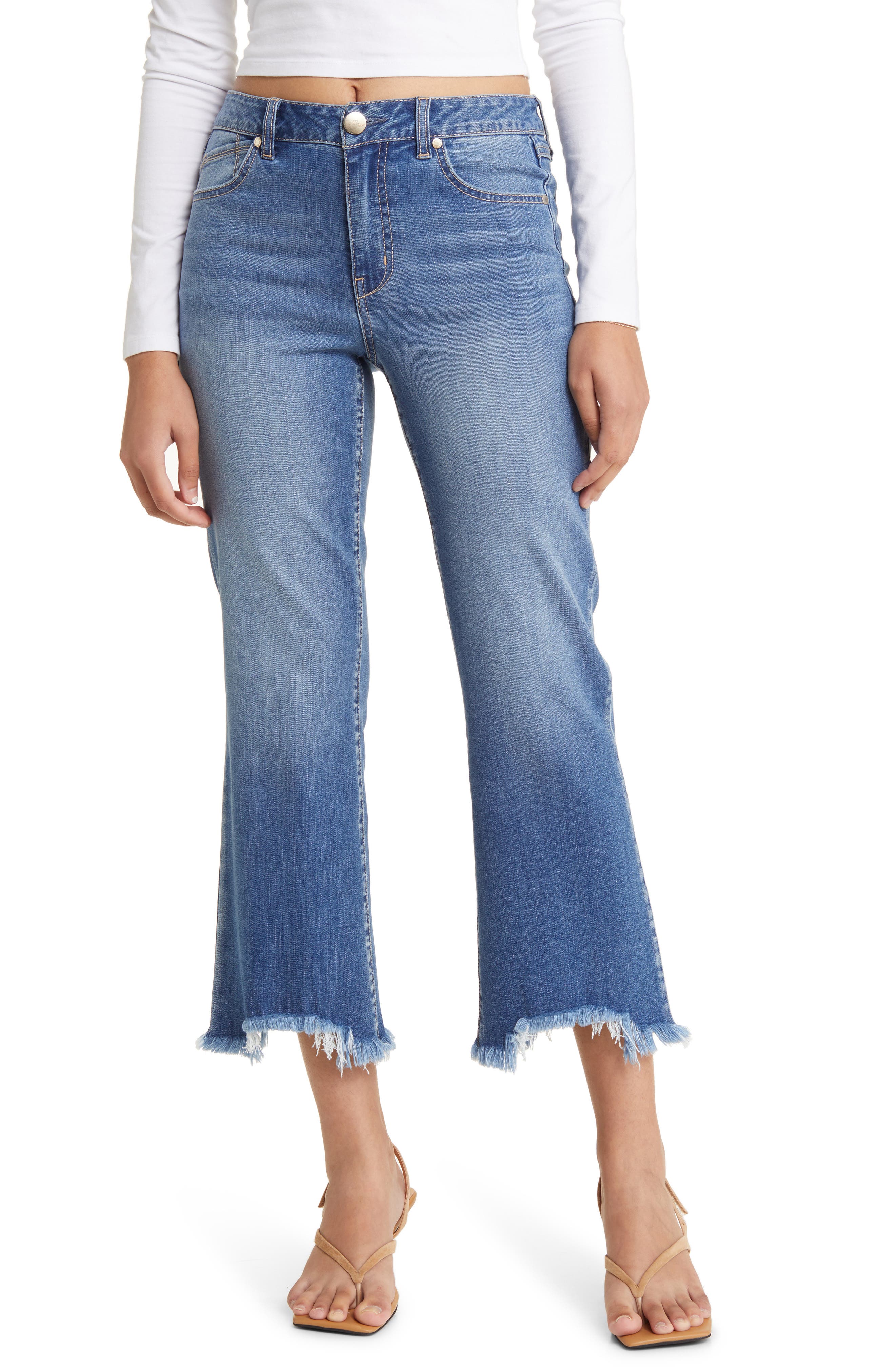 Mid Rise Wide Cuff Raw Hem Denim Jeans with Pockets main image 1