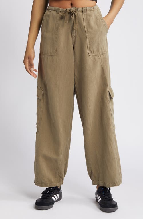 Tie Waist Cotton & Linen Cargo Pants in Khaki