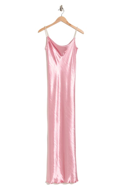 Shop Bebe Imitation Pearl Strap Hammered Satin Maxi Slipdress In Rose