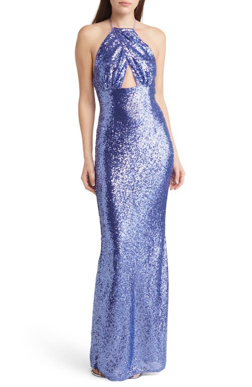Lulus Shimmering Dream Sequin Halter Gown in Periwinkle