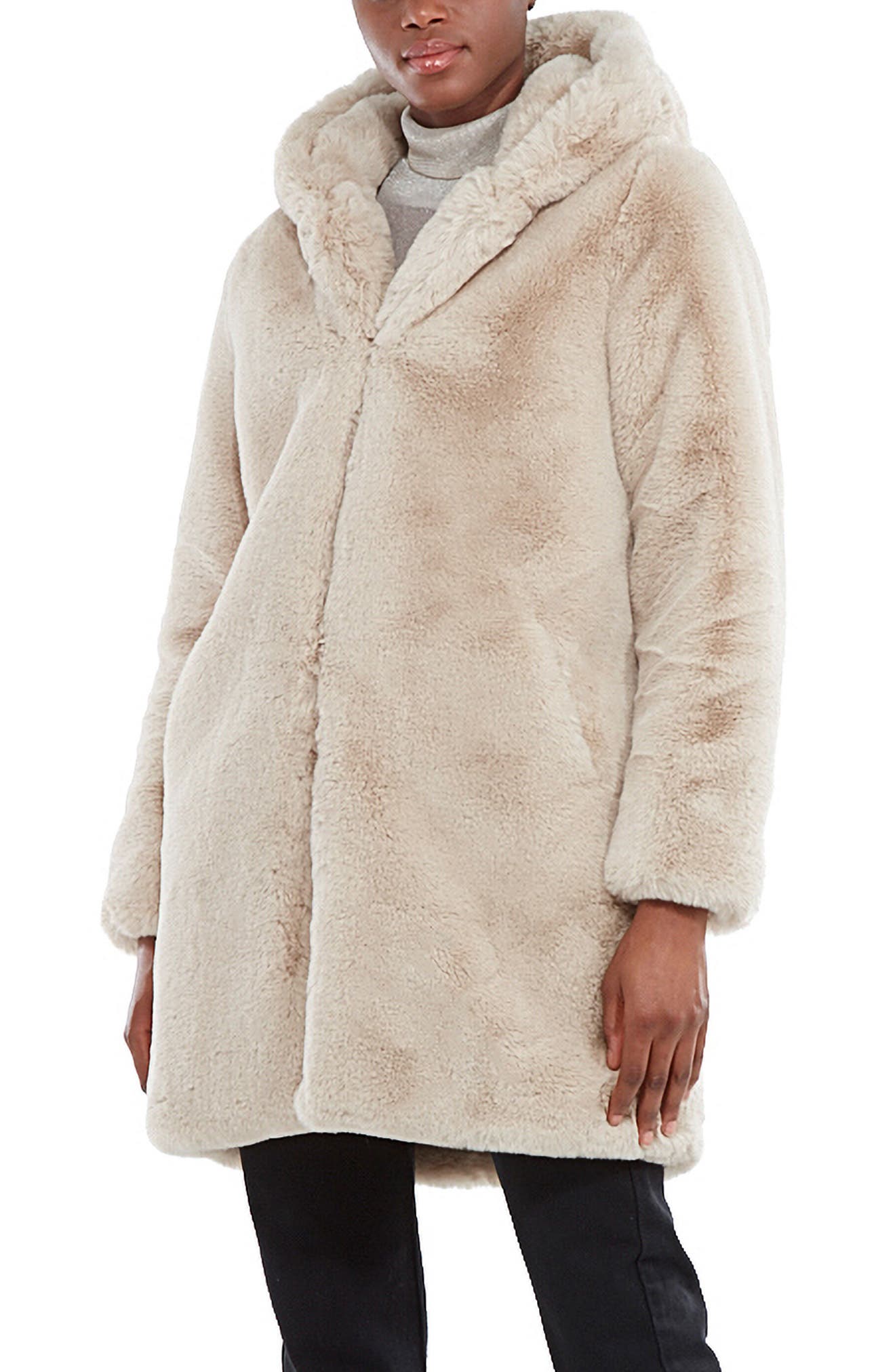 hooded long faux fur coat