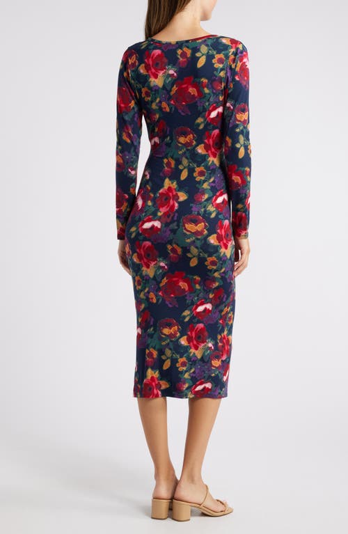 Shop Loveappella Floral Long Sleeve Faux Wrap Midi Dress In Blue Multi