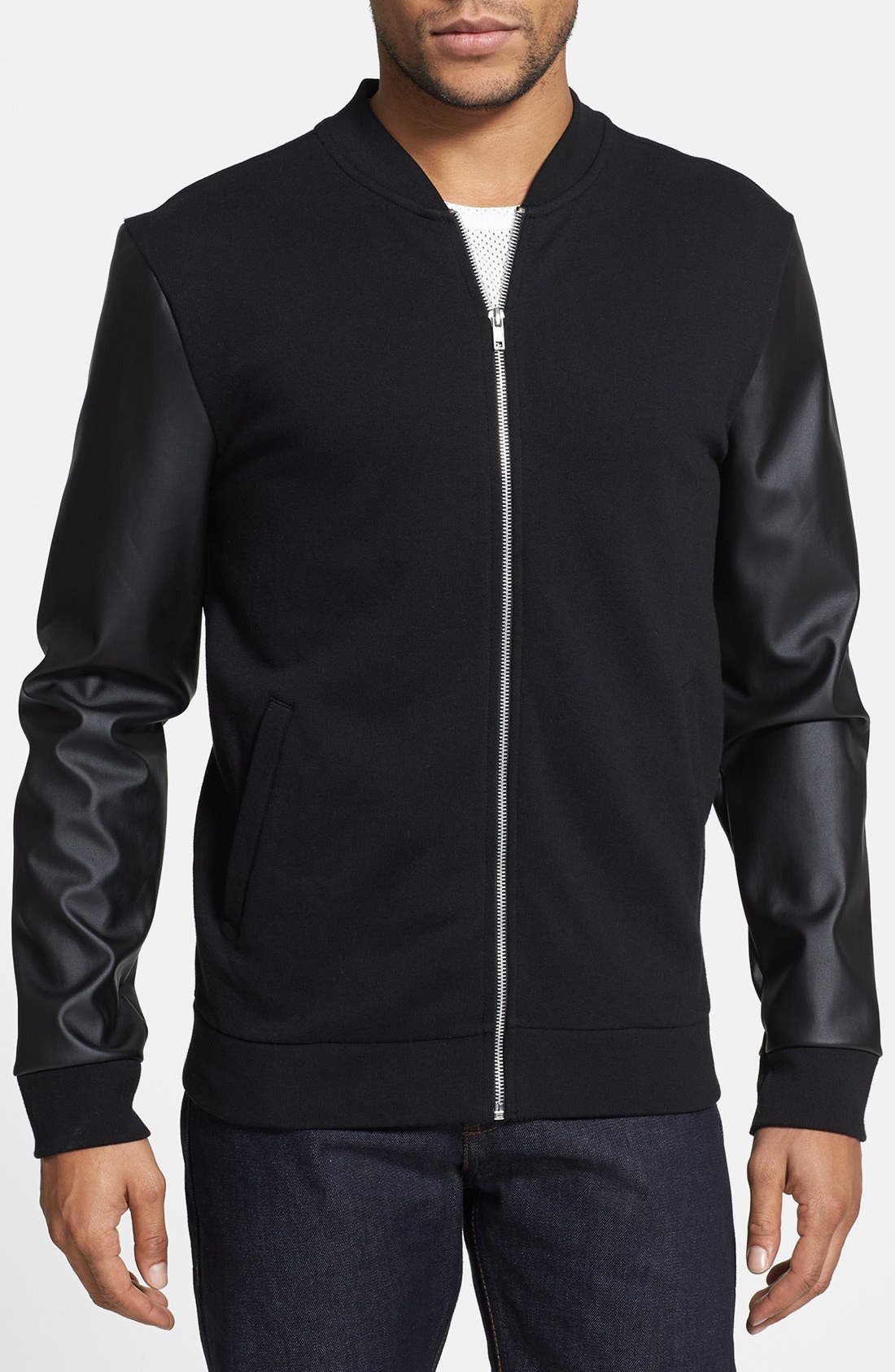 Topman Jersey Bomber Jacket with Faux Leather Sleeves Nordstrom