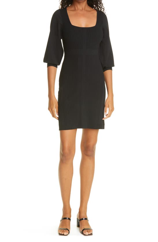 Click to view more detailed imagery on our partner's website Nicole Miller Puff Sleeve Rib Sheath Sweater Dress In Black
