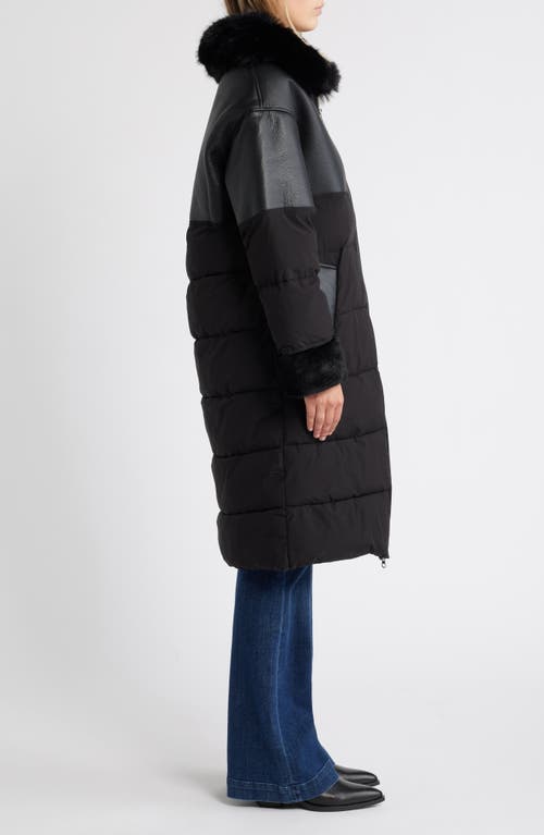 Shop Sam Edelman Mixed Media Faux Shearling Puffer Coat With Removable Hood In Black