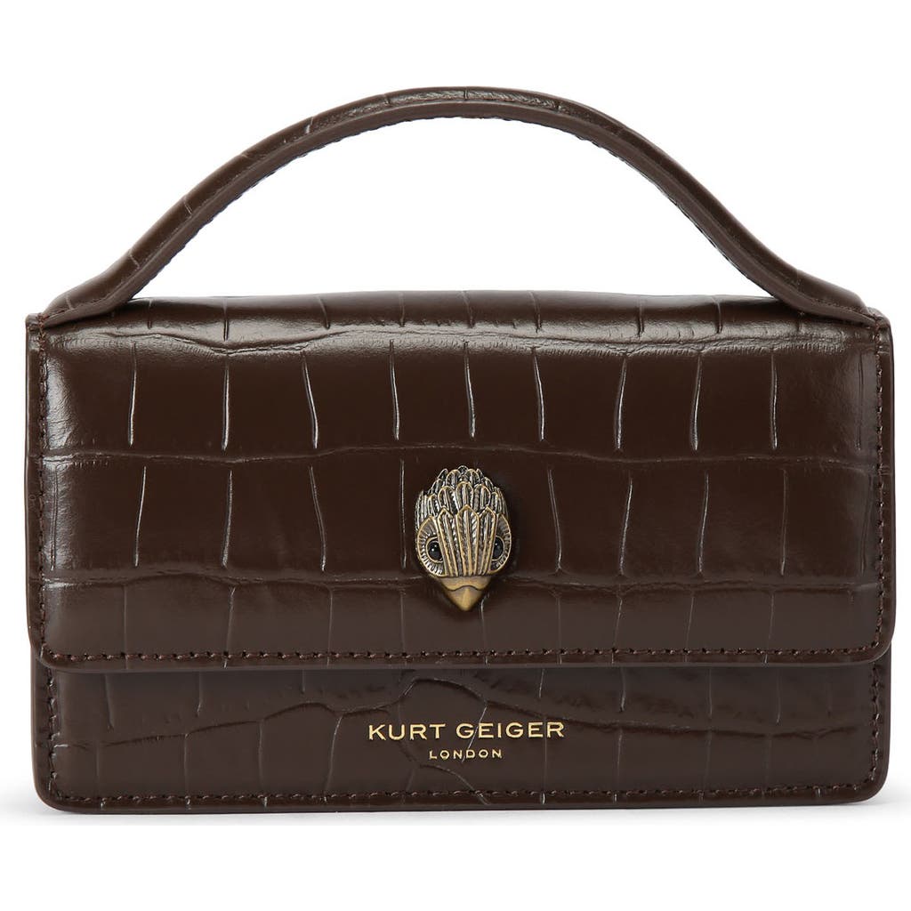 Kurt Geiger London Extra Small Bond Croc Embossed Leather Top Handle Bag In Dark Brown