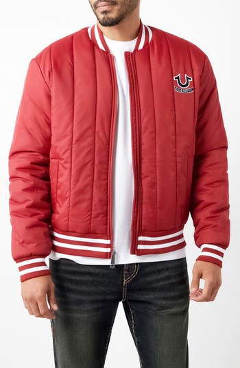 True Religion Brand Jeans Vertical Quilt Bomber Jacket In Red Dahlia