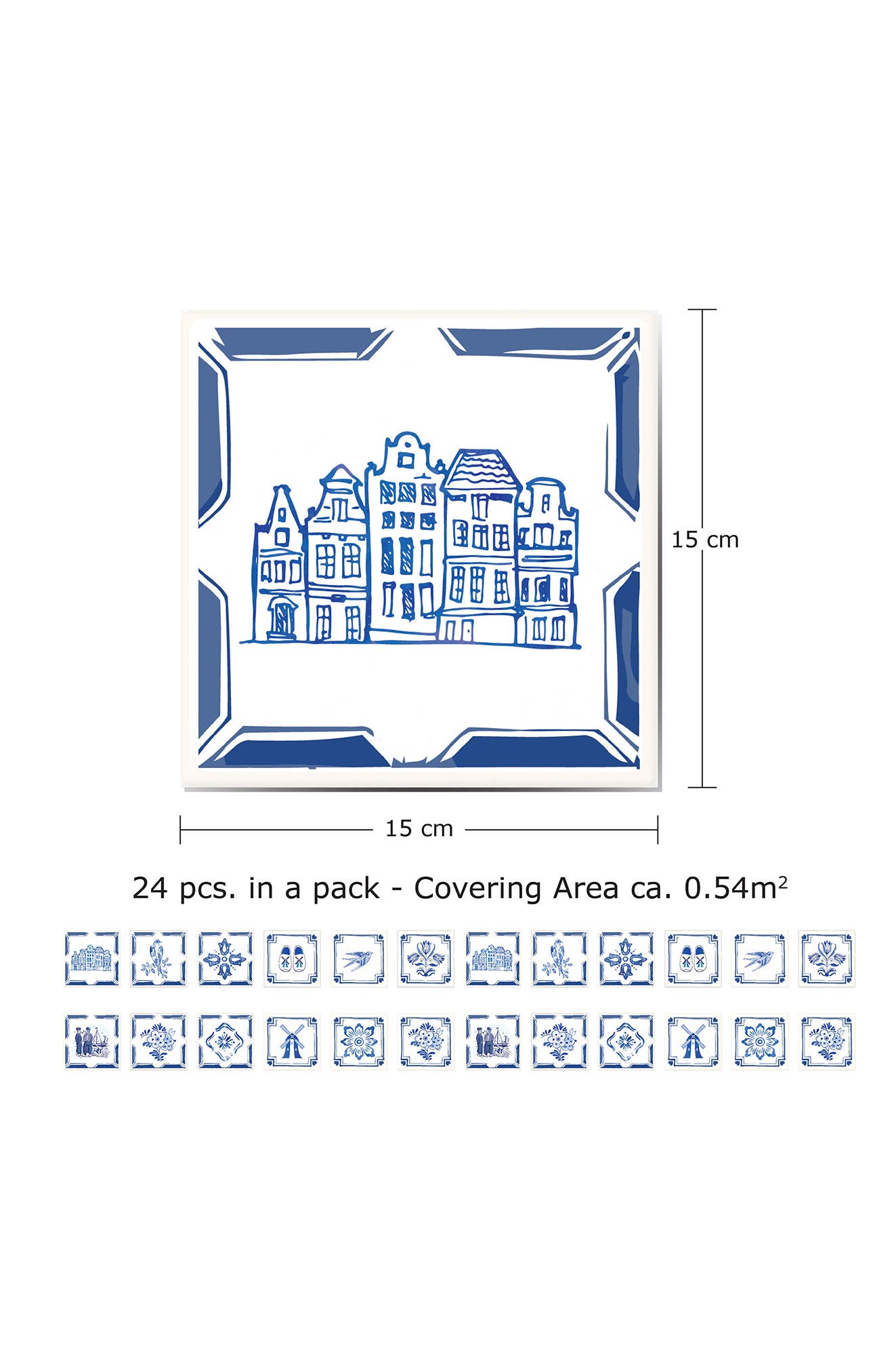 15 cm x 15 cm 24 pcs. Walplus Decals Dutch Blue Tiles Wall Stickers 