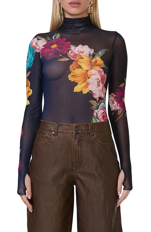 Shop Afrm Zadie Print Turtleneck Mesh Top In Navy Color Block Floral