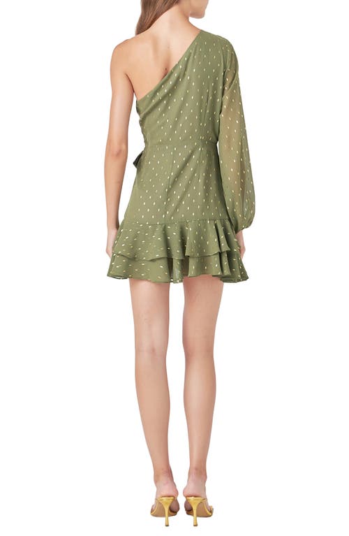 Shop Endless Rose One-shoulder Chiffon Minidress In Olive