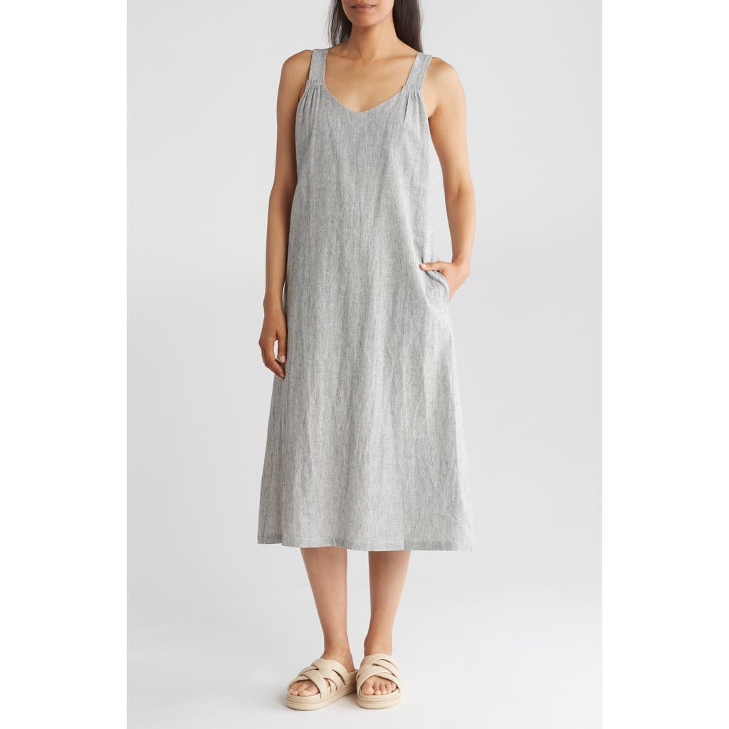 Lovestitch Yarn Dye Linen & Cotton Blend Midi Dress In Gray