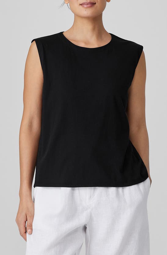 Shop Eileen Fisher Crewneck Organic Cotton Jersey Sleeveless Top In Black