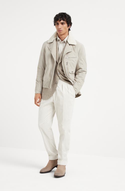 Shop Brunello Cucinelli Comfort Cotton And Cashmere Corduroy Tailor Fit Trousers With Reversed Double Ple In Chalk