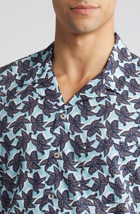 Johnston & Murphy Leaf Print Cotton And Modal Camp Shirt In Blue