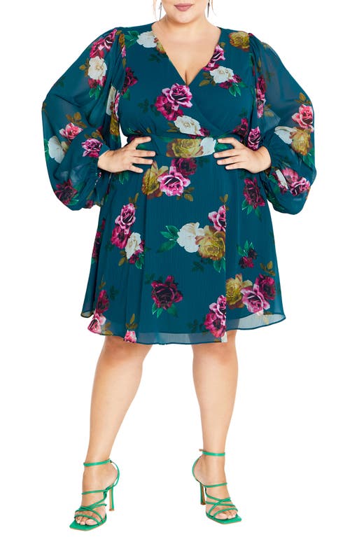 City Chic Khloe Floral Print Long Sleeve Faux Wrap Minidress Teal Bright Desire at