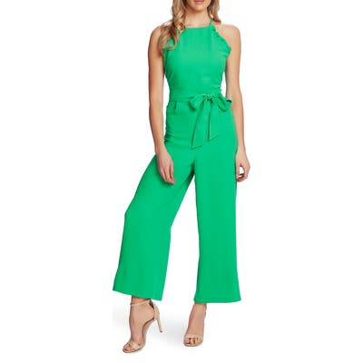 Cece Sleeveless Belted Ruffle Jumpsuit, Green