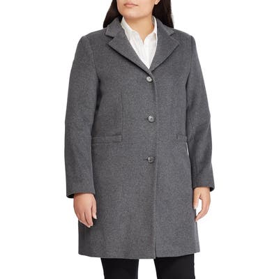 Plus Size Lauren Ralph Lauren Wool Blend Reefer Coat, Grey