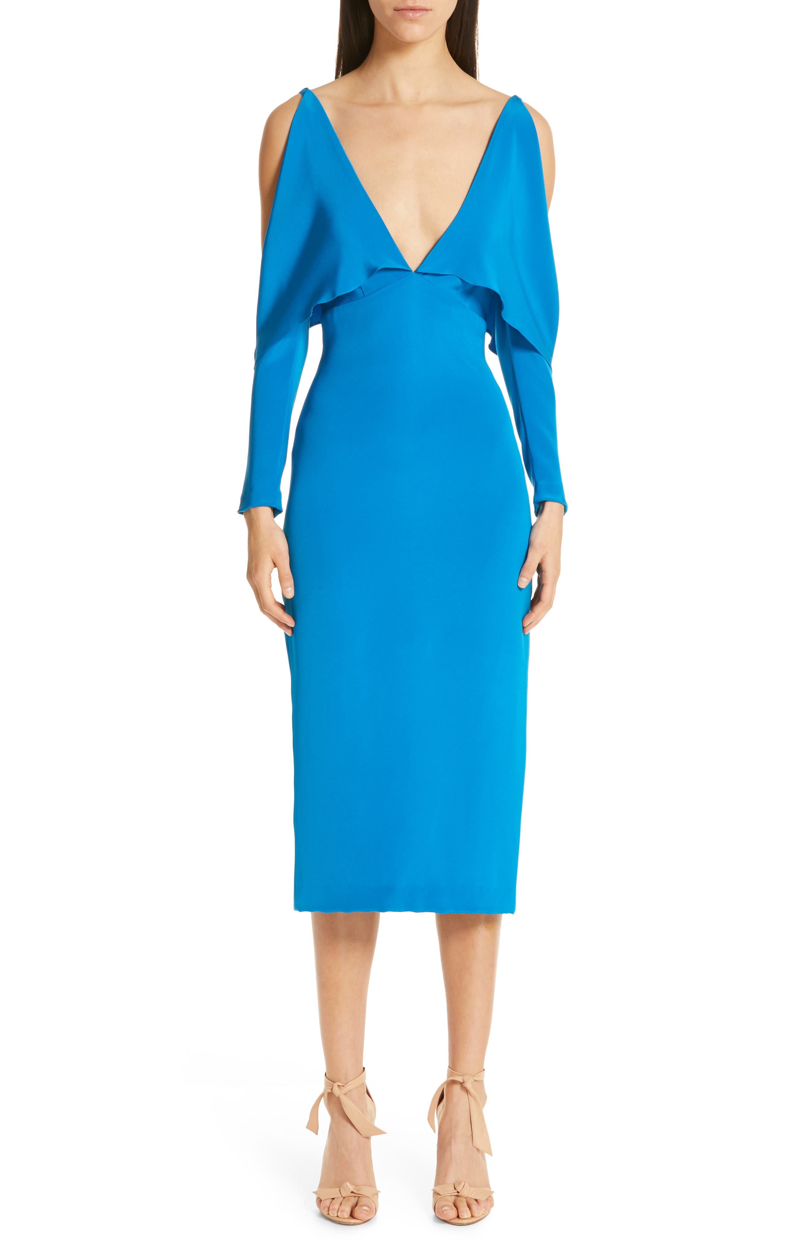 Cushnie Deep-V Cold Shoulder Pencil Dress, Blue