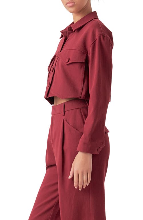 Shop English Factory Boxy Crop Utility Shirt Jacket In Burgundy