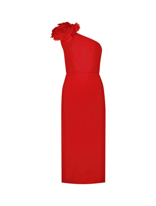 Mac Duggal Crepe One Shoulder Midi Dress With Flower In Cherry