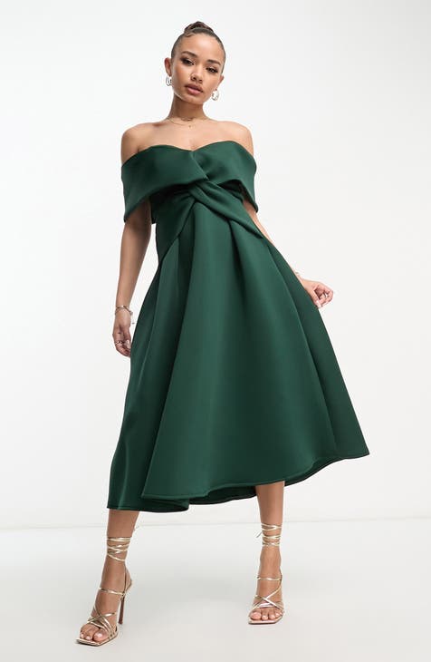 ASOS DESIGN textured twist front pleated midi dress in green color block