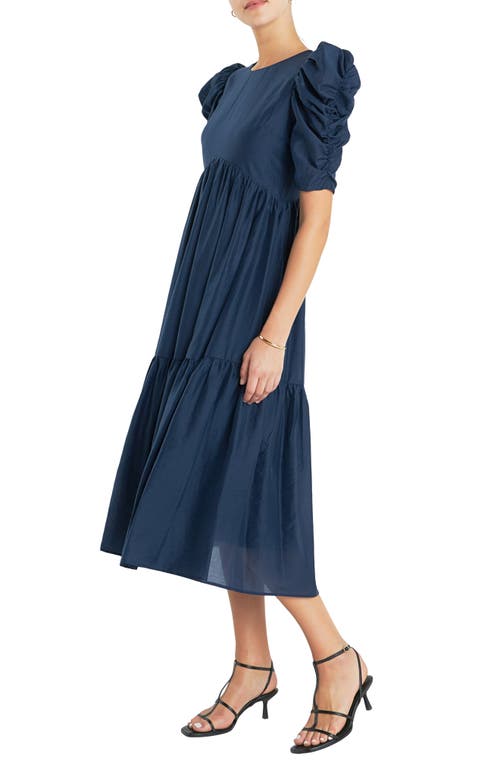 Shop English Factory Puff Sleeve Midi Dress In Navy