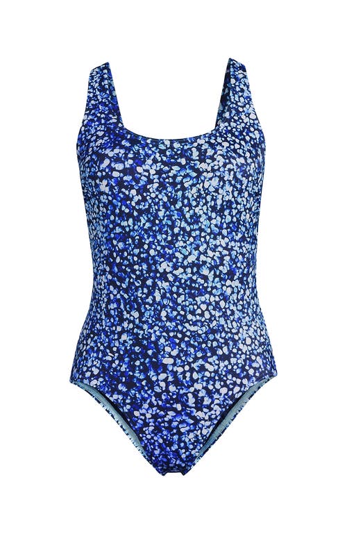 Lands' End Chlorine Resistant Scoop Neck X-back One Piece Swimsuit In Navy/turquoise Mosaic Dot